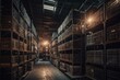 Massive storage facility stocked with sturdy metal racks and ruddy packing crates. Generative AI