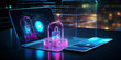 Cyber-Sicherheitskonzept mit mit Laptop Neon modern Stil - und Vorhängeschloss-Symbol - mit KI erstellt