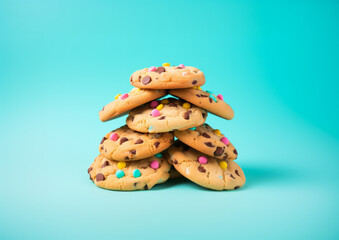 A pile of tasty freshly baked chocolate chip cookies on a pastel turquoise minimal background. Generative AI