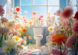 © Popovo - A restroom with a ceramic toilet bowl filled with colorful fragrant spring flowers. Refreshing and clean. Hygiene comes first. Generative AI