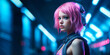 cool young girl with pink hair on a futuristic train station, fictional person created with generative ai