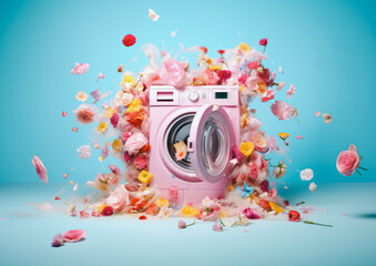 Creative scene with a washing machine from which explodes a lot of colorful fragrant spring flowers. Generative AI