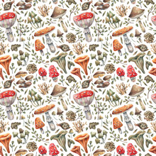 Watercolor Pattern With Forest Mushrooms And Plants
