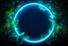 Green And Blue Neon Light With Tropical Leaves