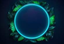Green And Blue Neon Light With Tropical Leaves