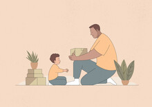 Illustration Of A Father Gives His Son A Gift In A Box