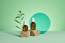 Two Cosmetic Bottles With Oil And Fresh Tea Tree Branch.
