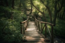 A Scenic Wooden Footbridge Over A Small Stream Nestled Among Lush Green Trees And Foliage. Generative AI