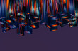 © Marcos Osorio/Stocksy - Background of buildings at night with colored lines