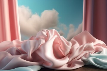 Soft, luxurious 3D clouds and flowing cloth on pastel sky background for product presentations and events. Includes mockup and copy space. Generative AI