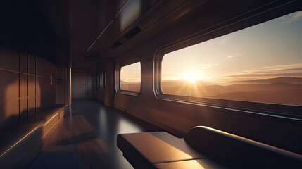 modern interior of a train car with the sun setting in the distance created, lens flare and sunset color, minimalist and futuristic space, AI