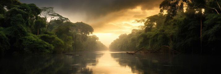 Panoramic view of the Amazon, a serene river flowing through a picturesque landscape with lush trees, AI