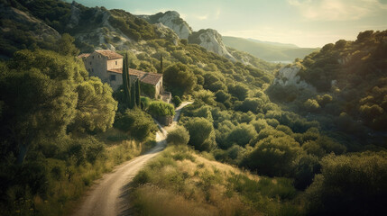 Wall Mural - Illustration of a scenic dirt road winding through a vibrant pine forest in the French Riviera, traditional provencal villa hidden in the trees, AI