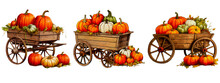 Watercolor Vintage Wagon With Pumpkins Playful For Autumn And Thanksgiving Isolated On Transparent Background. Png Generative AI