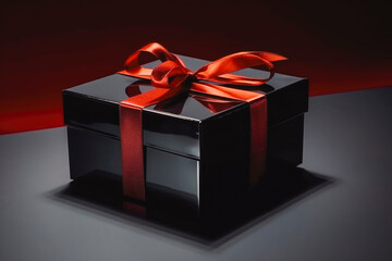 Black gift boxes with red ribbons isolated on black background. Generative AI