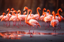 Group Of Flamingo Birds Gathering In Natural Habitat, Beautiful Animals In Wild. Generative AI