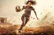 © VisualProduction - Athlete girl playing soccer with dramatic effect in the background. Generative AI