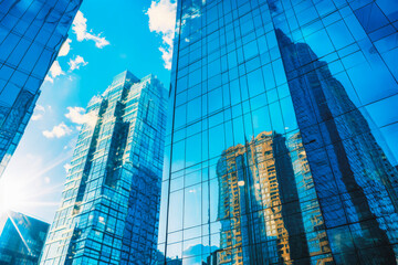 Wall Mural - Glass skyscrapers reflection of blue sky in blue tone, sunny day. Generative AI