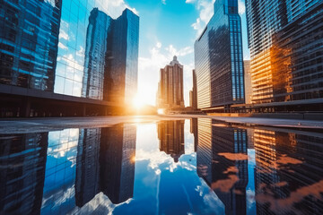 Sun reflection in skyscrapers, business office buildings in New York. Generative AI