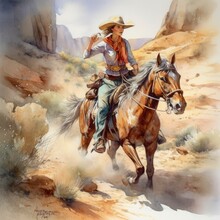 Watercolor Cowboy Girl On Horse