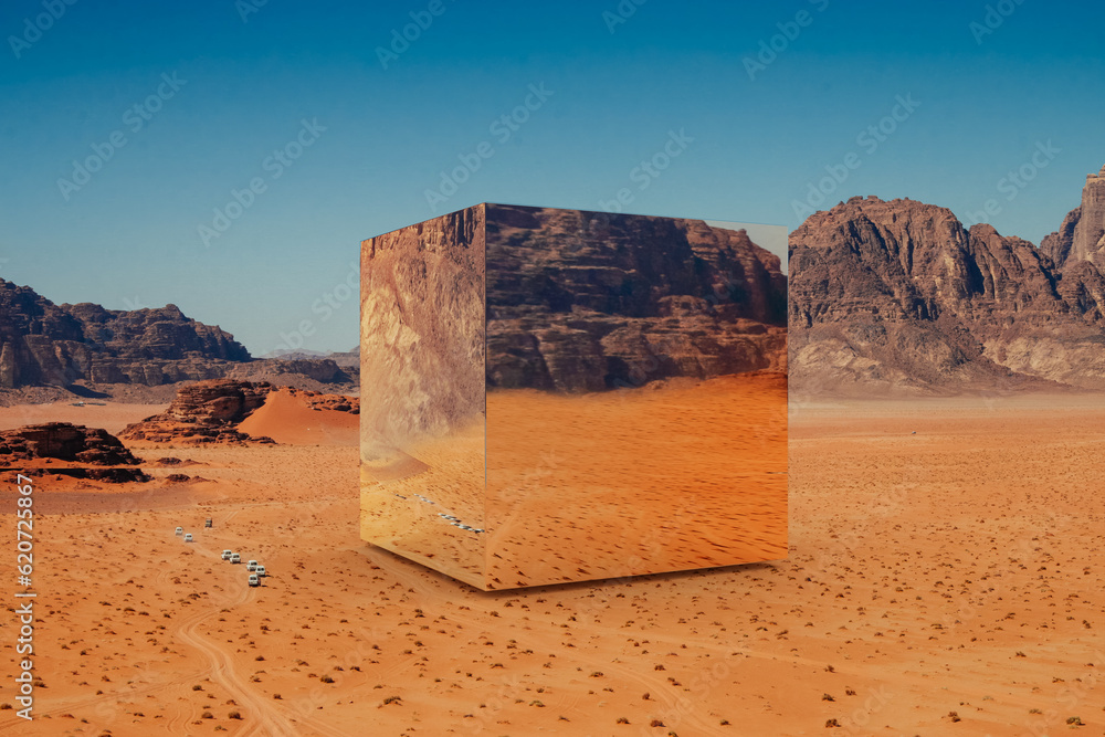 Surreal landscape with a metal cube in the desert