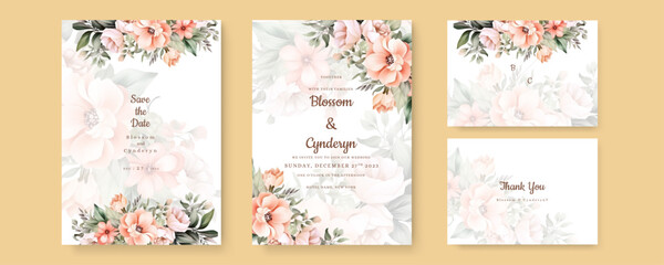 Poster - Elegant watercolor wedding invitation card with flower and leaves