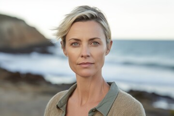 Wall Mural - Portrait of beautiful mature woman standing on the beach at the day time