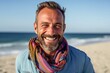 Medium shot portrait photography of a cheerful man in his 40s wearing a foulard against a beach background