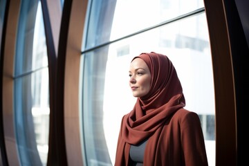 Wall Mural - Portrait of a beautiful muslim woman with hijab looking out the window