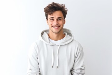 Wall Mural - Portrait of a smiling young man in hoodie standing isolated over white background