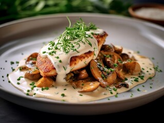 Wall Mural - Poulet à la Crème with creamy sauce, mushrooms, and herbs, served on a white plate