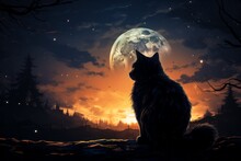 Black Cat On The Background Of The Moon In The Style Of Drawing Or Illustration As Symbol Of Superstition. AI Generated