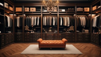 a photo of a interior of a luxury male wardrobe full of expensive suits, shoes and other clothes. boutique shop. Generative AI