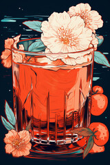 Beautiful whiskey cocktail illustration in vintage risograph style, surrounded by fruit and flowers.