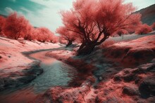 Abstract Landscape With Reddish Tree By The Riverbed In Futuristic Style. Generative AI