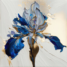 Abstract Floral Oil Painting. Gold And Blue Iris Flower On White Background