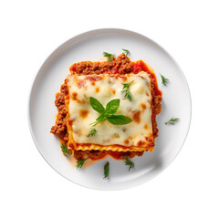 Top view of delicious Italian lasagna on white transparent background