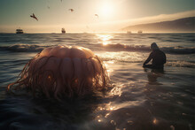 Big Jellyfish On The Seashore With Sunset, A Man Hunting, Birds Flying In The Sky Over The Sea, An Aesthetic View Of The Sunset