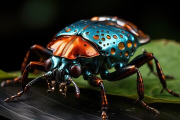 Macro shot of an exotic insect on a leaf, the intricate patterns on its body and the fine details. Generative AI