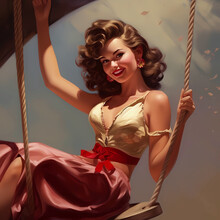Pin-up Style Painting Of Beautiful Woman Or Girl On A Swing