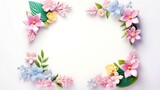Fototapeta Tulipany - Floral border frame card template. multicolor flowers, leaves, for banner, wedding card. Springtime composition with copy-space, Generative AI illustration