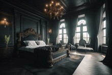Spacious Black Castle Bedroom With Grand Bed And Modern Interior. Luxurious, Rich, Clean, And Atmospheric. Generative AI
