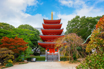 Sticker - Fukuoka, Japan - Nov 20 2022: Tochoji Temple located in Hakata district. First built by Kobo Daishi by the sea, moved to current place by Kuroda Tadayuki, designated a historical site by Fukuoka City