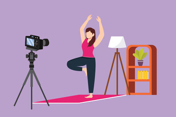 Wall Mural - Character flat drawing beautiful woman blogger in sportswear shoots video on camera doing exercises at home. Fitness vlogger live broadcast of training session logo. Cartoon design vector illustration