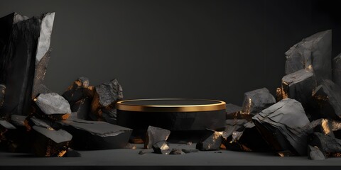 abstract background with black cobblestone ruins, broken rocks and golden nuggets. Modern minimal showcase scene with empty cylinder podium for product presentation, AI Generative