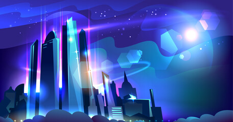 Night metropolis city vector illustration, night urban cityscape