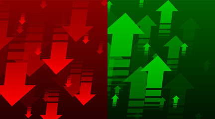 Up and Down trend with arrows on dark background. Stock exchange concept. Profit or loss of the trader. Uptrend abstract concept. A group of digital green arrows pointing. Vector illustration.