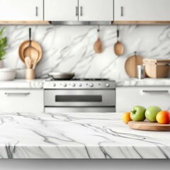 White marble texture table top on blurred kitchen interior background