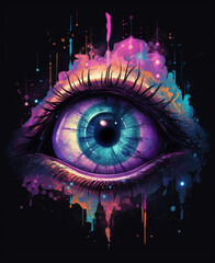 Purple and Teal Eye Close Up Dark Background Floating in Space