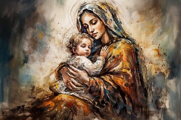 Wall Mural - Photo illustration of the Orthodox Mother of God Virgin Mary with the baby biblical picture AI